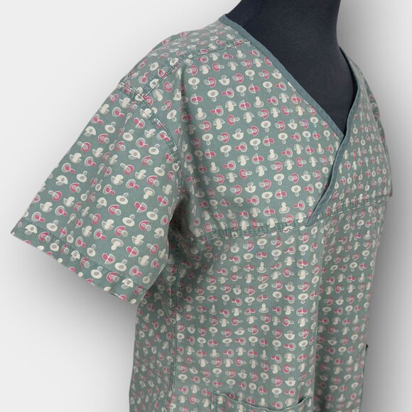MOBB Womens Mock Wrap V Neck Scrub Top Green Print Short Sleeve S/M P - Picture 4 of 8